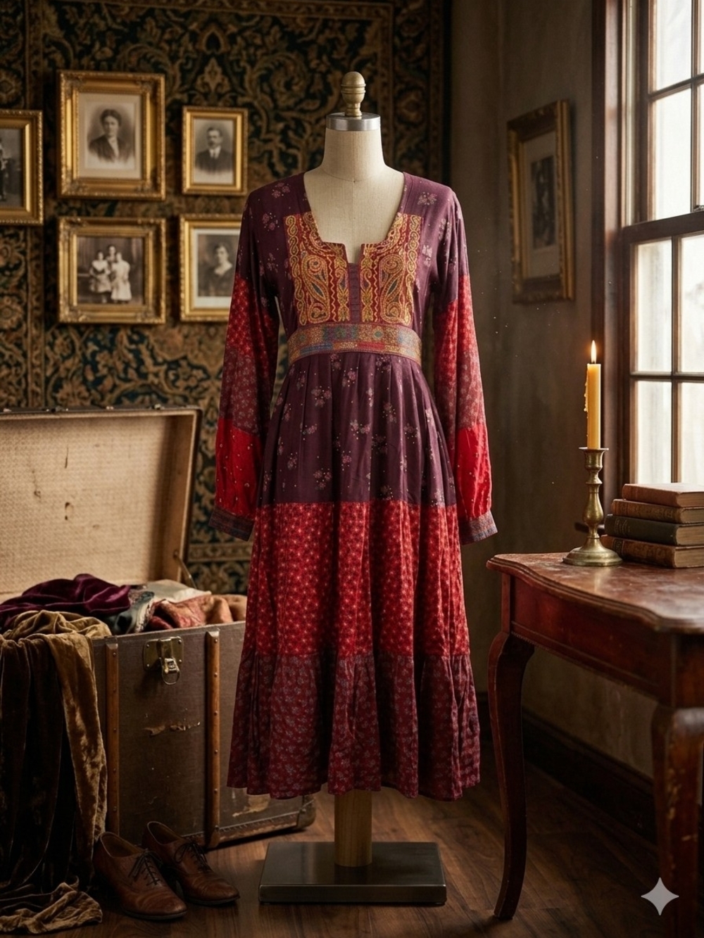 Vintage Made By Hand Boho Embroidered Long-Sleeve Midi Dress in Plum and Red